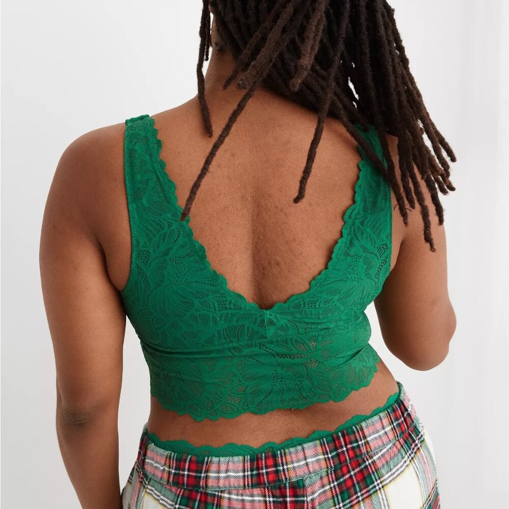 NWT Aerie Waffle Knit Lace V Back Longline Bralette Bra Green Size Medium M NEW